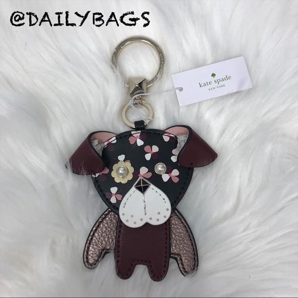 KATE SPADE DOG PUPPY FLORAL BROWN KEY CHAIN WHITE - Picture 3 of 5